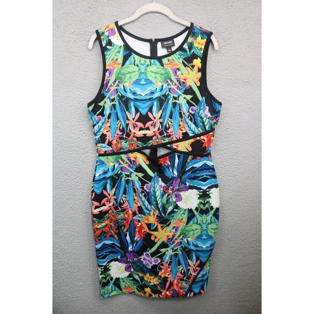 Nicole Miller Floral Tropical Cut Out Midi Dress-Size Large-Beachy